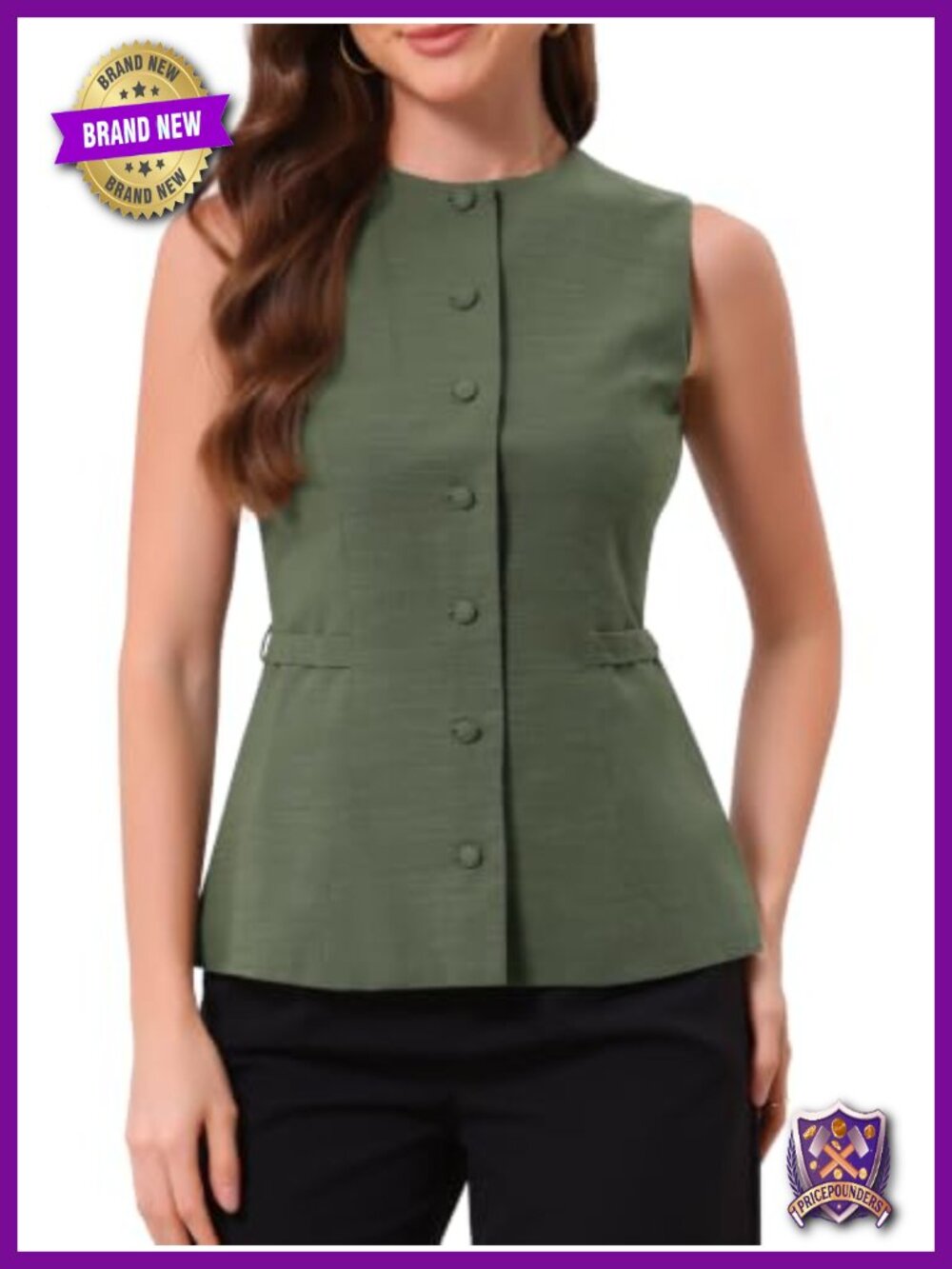 Sleeveless Linen Blend Vest Top Button Down Waistcoat with Belt Business Casual